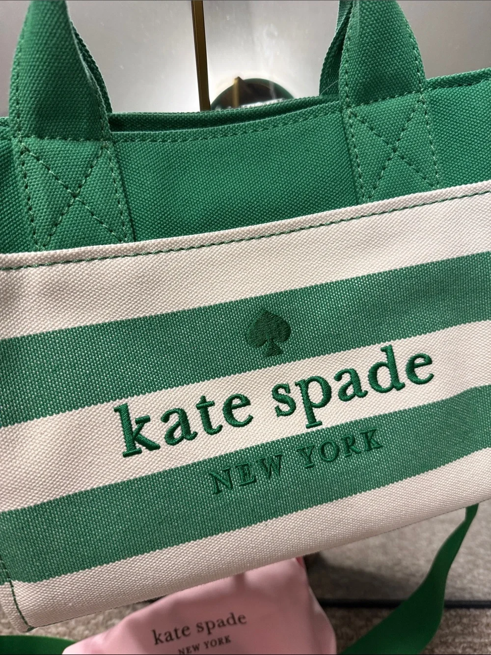 kate spade Green and White Striped Canvas Tote with Removable Strap and dust bag
